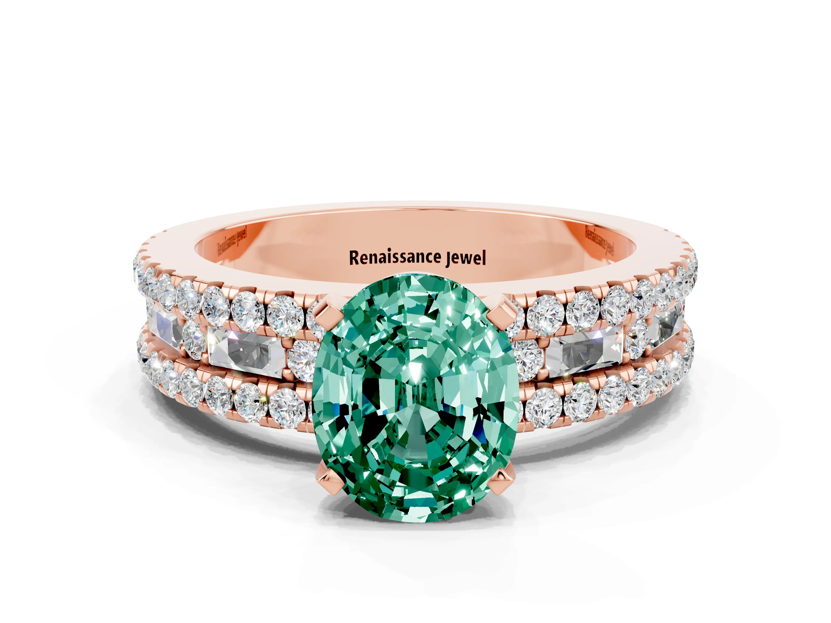 Rose gold Oval Cut Green Sapphire Solitaire Ring with Pavé and Channel Set Band