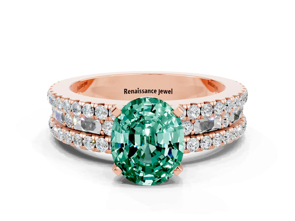Rose gold Oval Cut Green Sapphire Solitaire Ring with Pavé and Channel Set Band