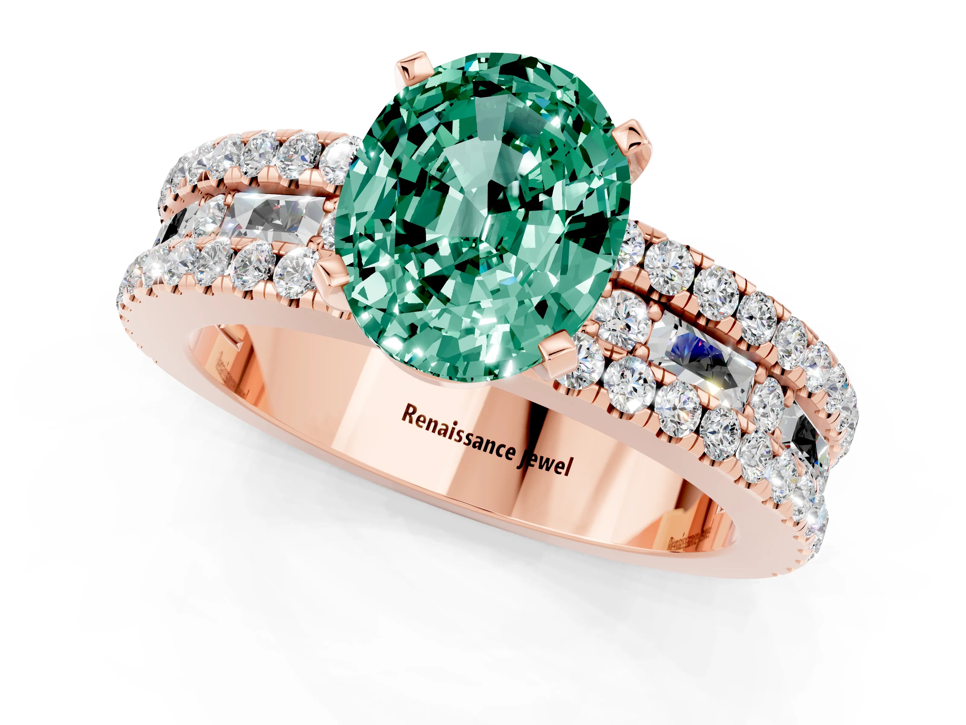Rose gold Oval Cut Green Sapphire Solitaire Ring with Pavé and Channel Set Band_1