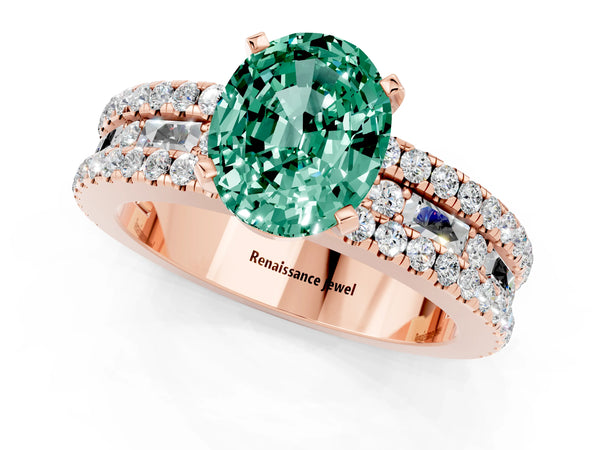 Rose gold Oval Cut Green Sapphire Solitaire Ring with Pavé and Channel Set Band