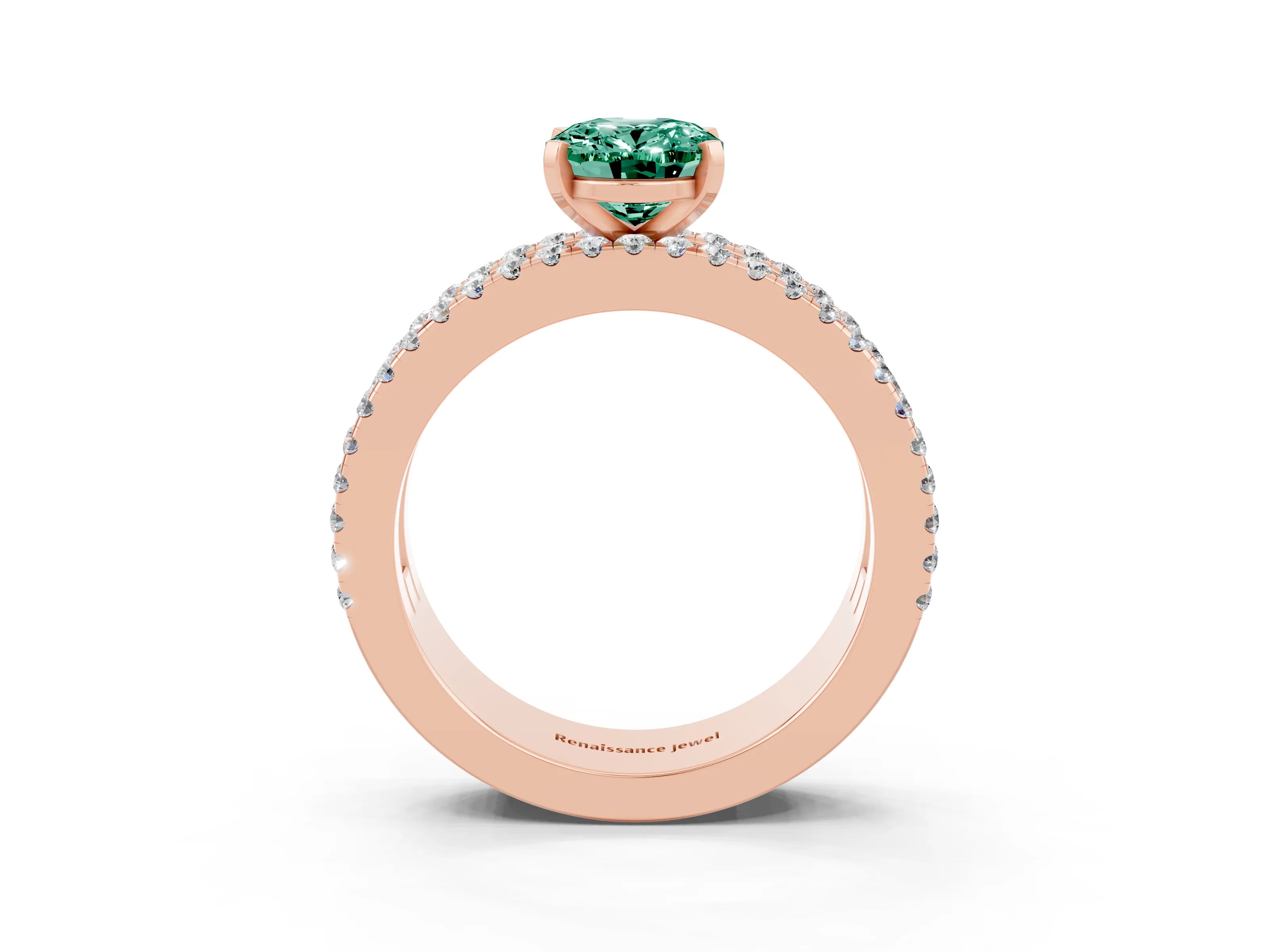 Rose gold Oval Cut Green Sapphire Solitaire Ring with Pavé and Channel Set Band_3