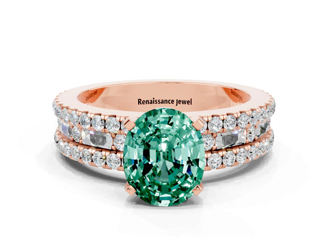Rose gold Oval Cut Green Sapphire Solitaire Ring with Pavé and Channel Set Band