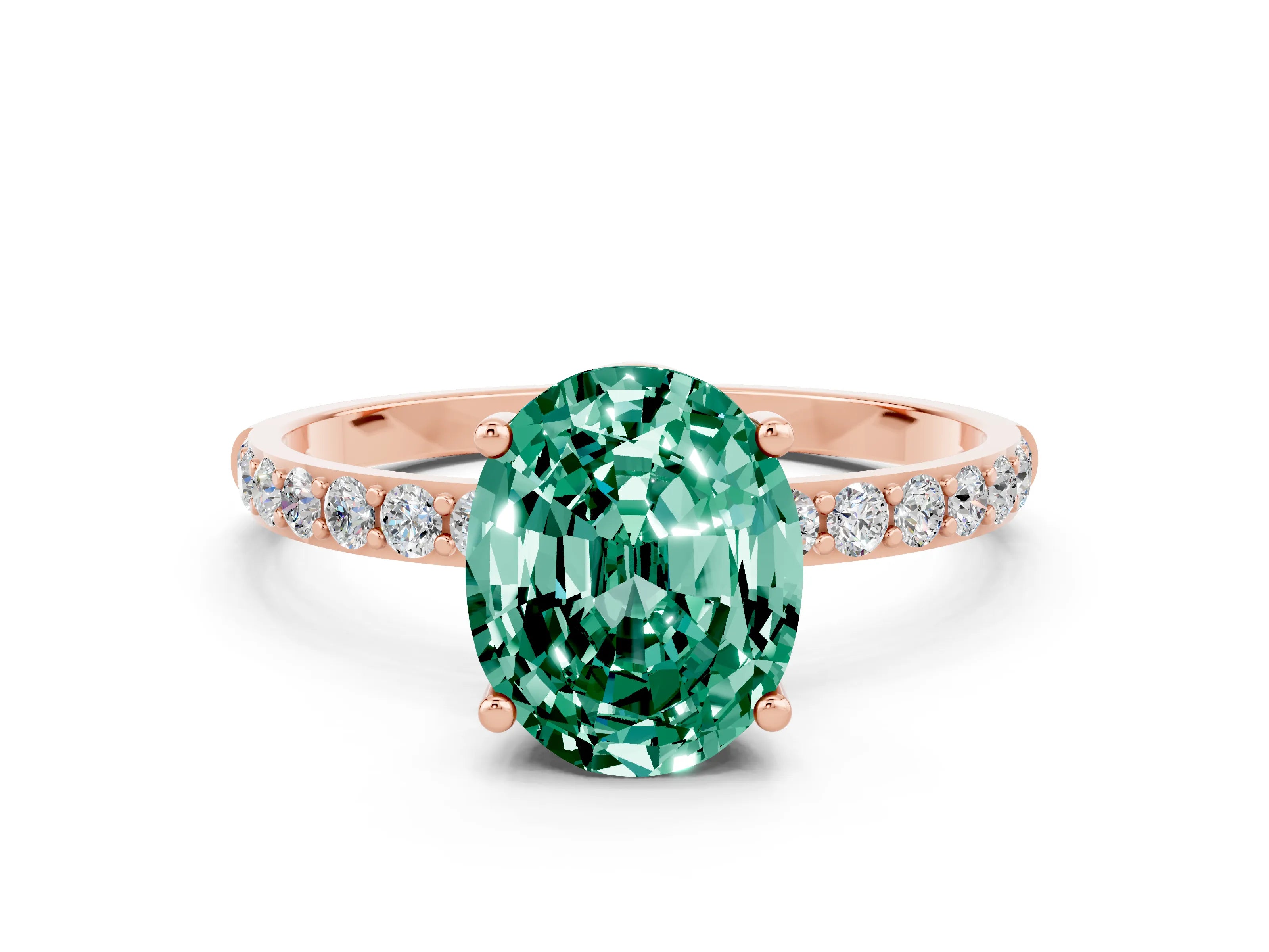 Rose gold Oval Cut Green Sapphire Solitaire Ring with Pave Band and Four Prong Setting_24