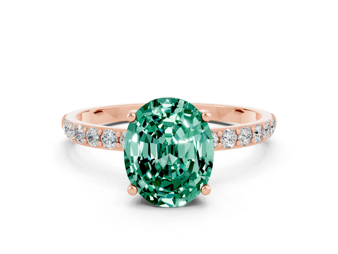 Rose gold Oval Cut Green Sapphire Solitaire Ring with Pave Band and Four Prong Setting_24
