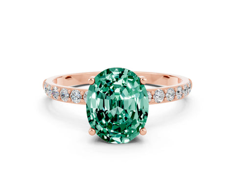Rose gold Oval Cut Green Sapphire Solitaire Ring with Pave Band and Four Prong Setting_24