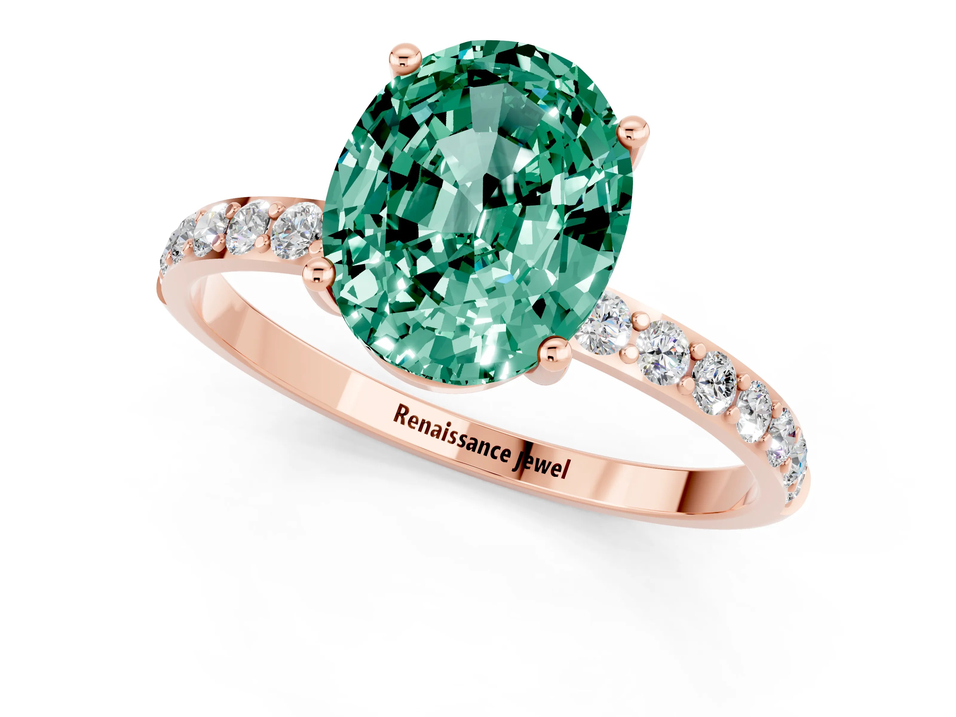 Rose gold Oval Cut Green Sapphire Solitaire Ring with Pave Band and Four Prong Setting_25