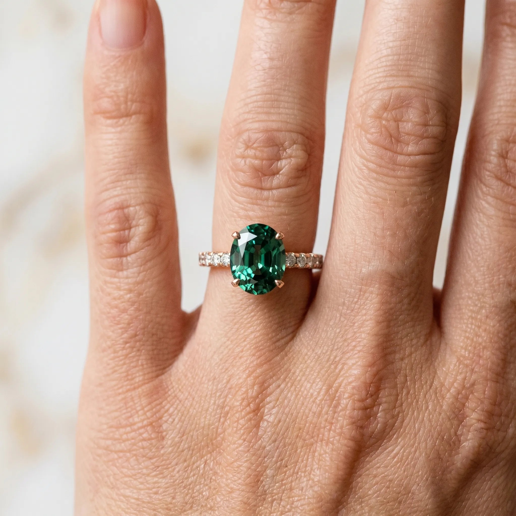 Rose gold Oval Cut Green Sapphire Solitaire Ring with Round  Pavé Band and Four-Prong Setting_42