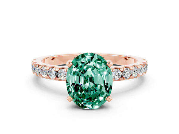 Rose gold Oval Cut Green Sapphire Solitaire Ring with Round Pavé Band and Four-Prong Setting