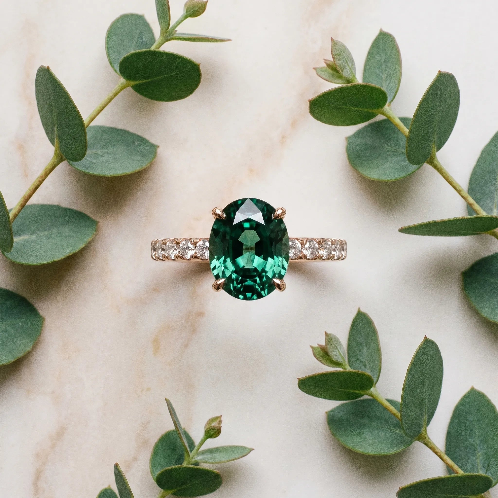 Rose gold Oval Cut Green Sapphire Solitaire Ring with Round  Pavé Band and Four-Prong Setting_45