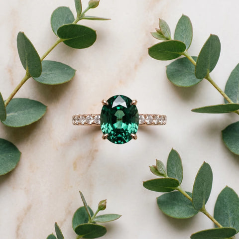 Rose gold Oval Cut Green Sapphire Solitaire Ring with Round  Pavé Band and Four-Prong Setting_45