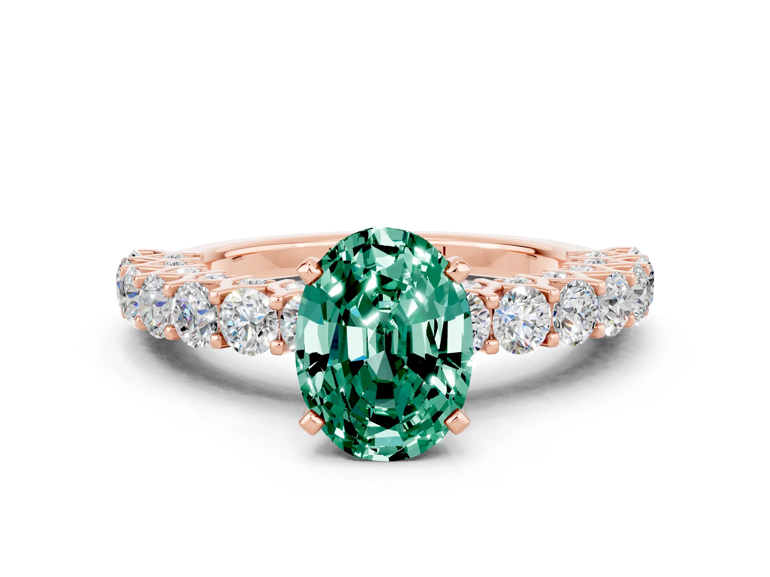 Rose gold Oval Cut Green Sapphire Solitaire Ring with Shared Prong Pavé Band and Four-Prong Setting