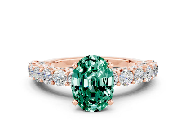 Rose gold Oval Cut Green Sapphire Solitaire Ring with Shared Prong Pavé Band and Four-Prong Setting