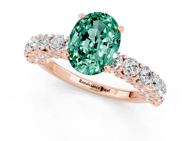 Rose gold Oval Cut Green Sapphire Solitaire Ring with Shared Prong Pavé Band and Four-Prong Setting