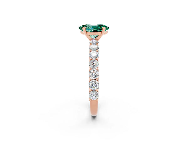 Rose gold Oval Cut Green Sapphire Solitaire Ring with Shared Prong Pavé Band and Four-Prong Setting