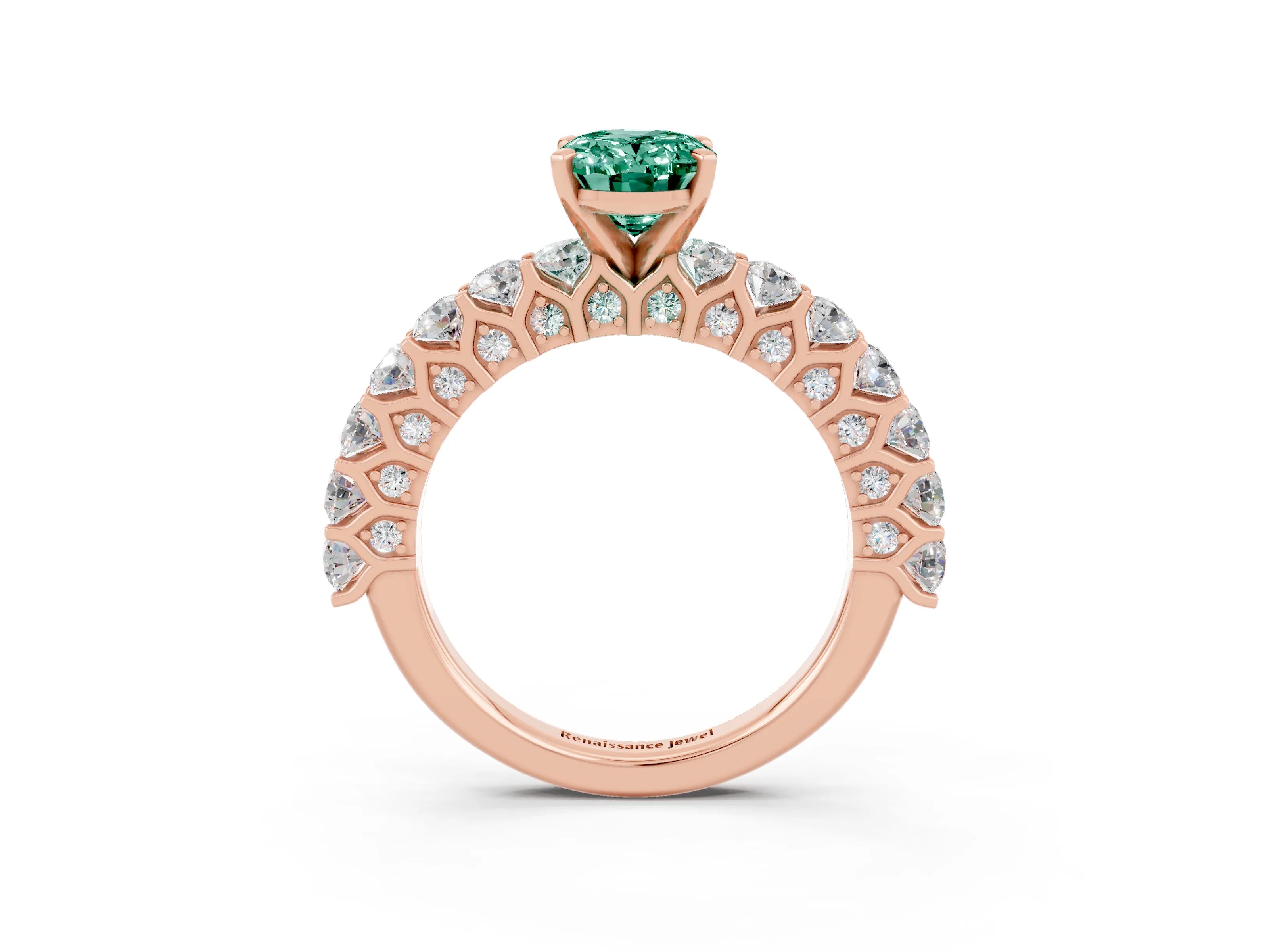 Rose gold Oval Cut Green Sapphire Solitaire Ring with Shared Prong Pavé Band and Four-Prong Setting_3