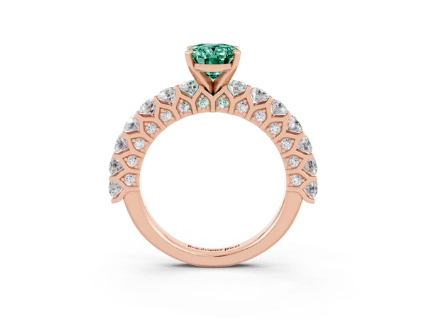 Rose gold Oval Cut Green Sapphire Solitaire Ring with Shared Prong Pavé Band and Four-Prong Setting