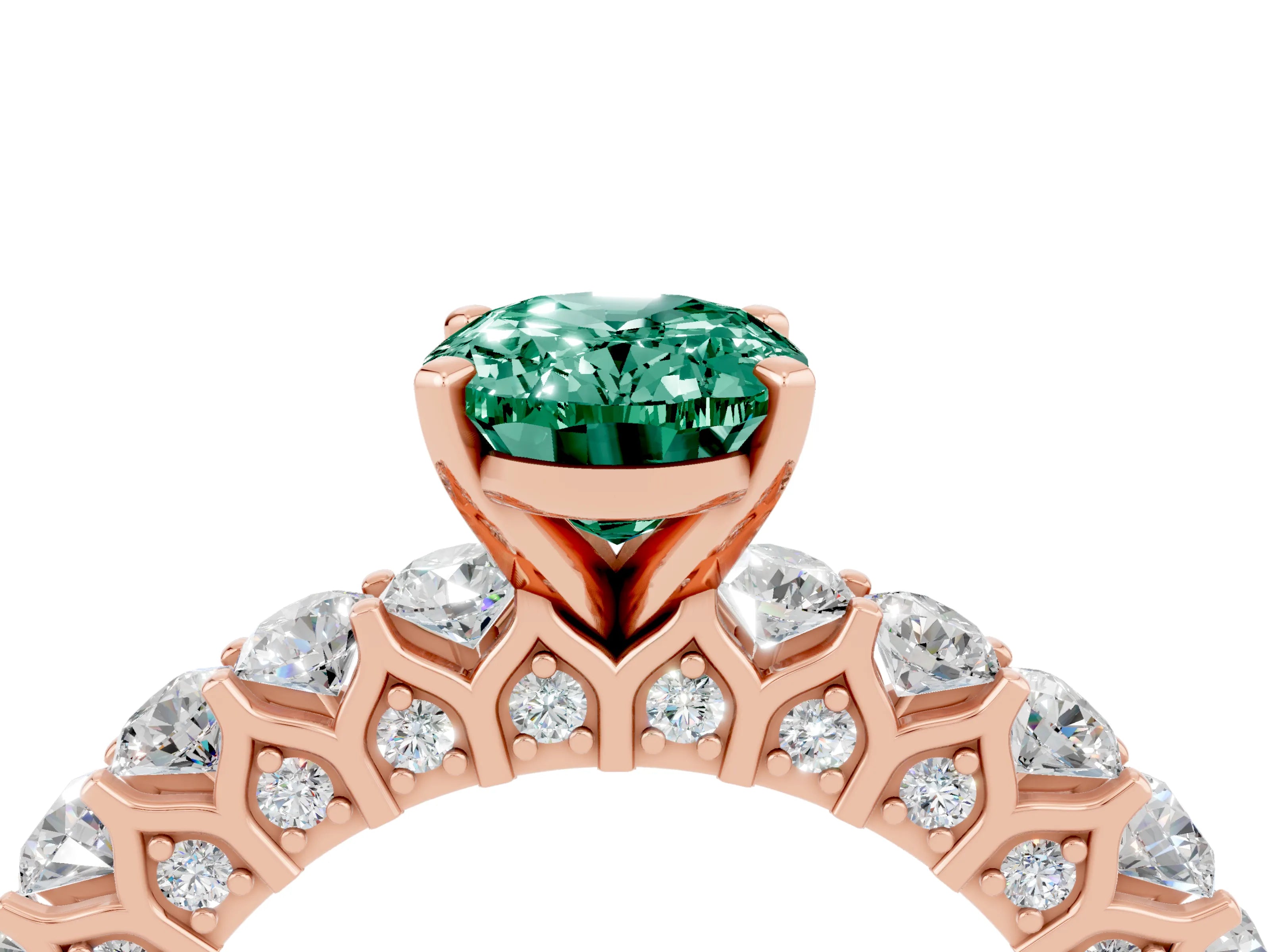 Rose gold Oval Cut Green Sapphire Solitaire Ring with Shared Prong Pavé Band and Four-Prong Setting_4