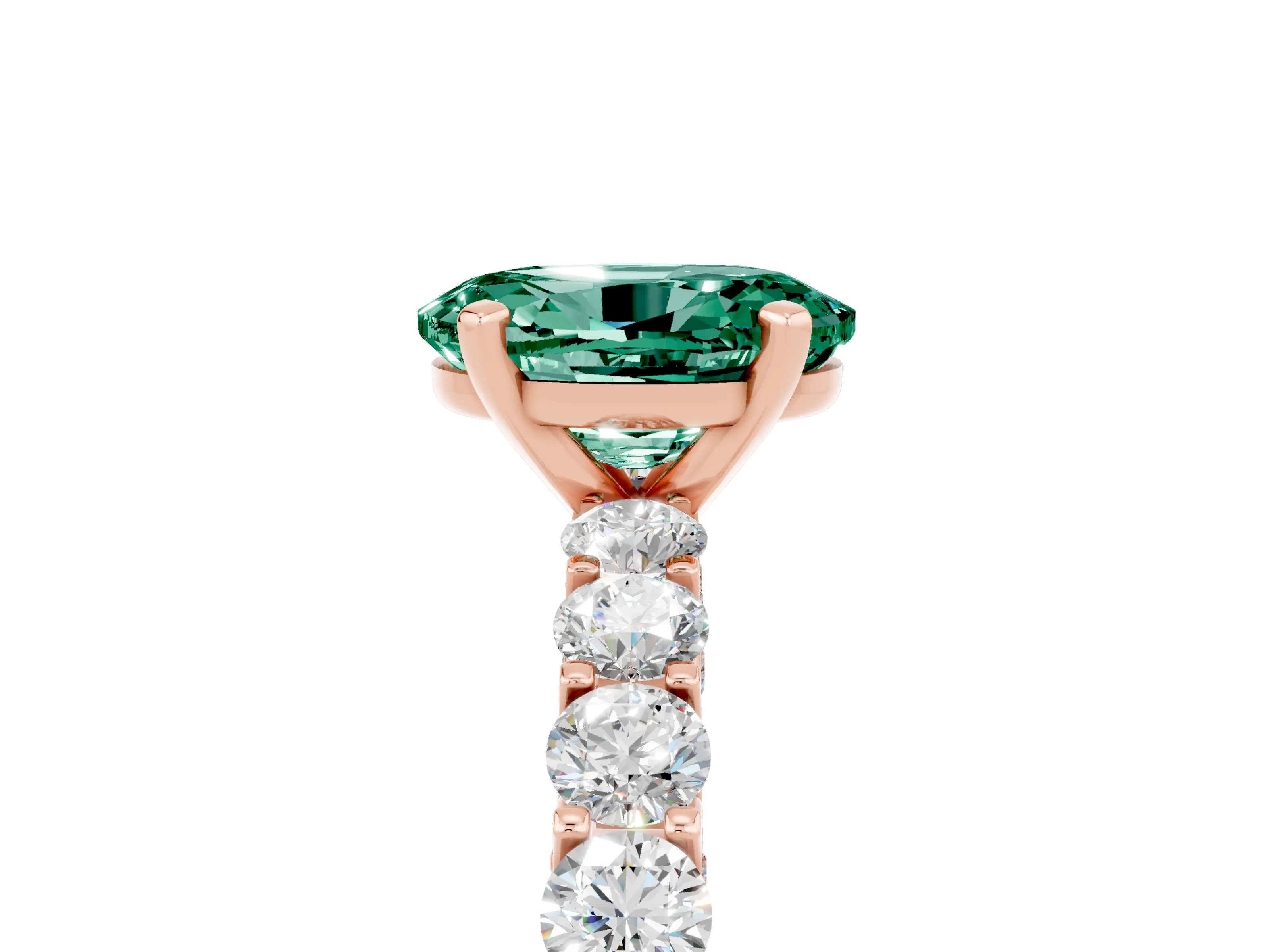 Rose gold Oval Cut Green Sapphire Solitaire Ring with Shared Prong Pavé Band and Four-Prong Setting_5