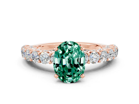 Rose gold Oval Cut Green Sapphire Solitaire Ring with Shared Prong Pavé Band and Four-Prong Setting