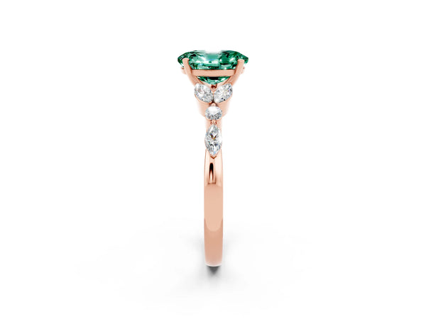 Rose gold Oval Cut Green Sapphire Solitaire Ring with Side Stones and Four-Prong Setting