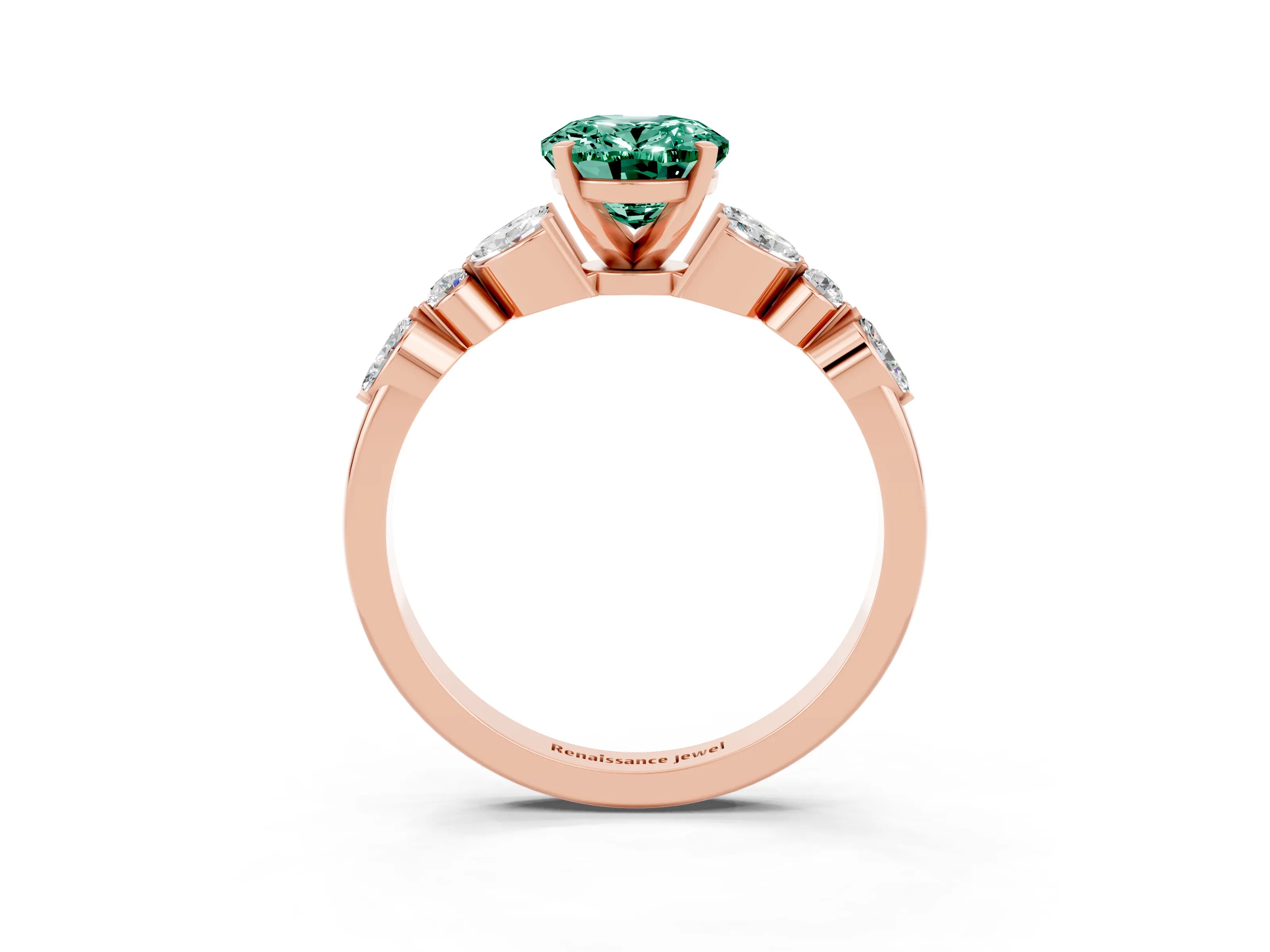 Rose gold Oval Cut Green Sapphire Solitaire Ring with Side Stones and Four-Prong Setting_15