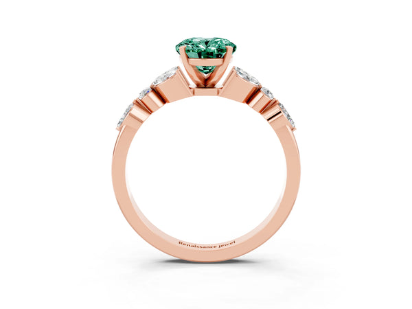 Rose gold Oval Cut Green Sapphire Solitaire Ring with Side Stones and Four-Prong Setting