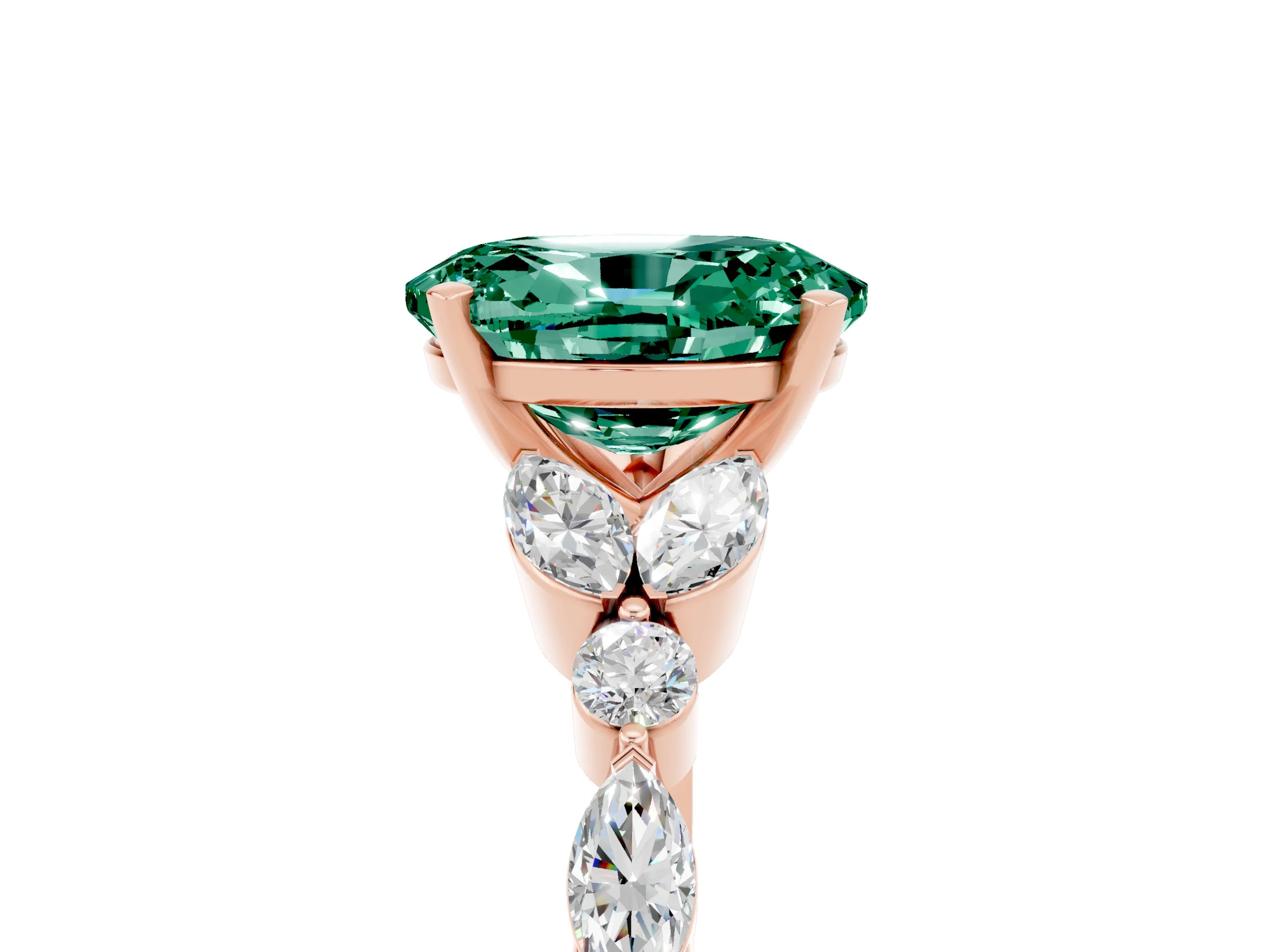 Rose gold Oval Cut Green Sapphire Solitaire Ring with Side Stones and Four-Prong Setting_17