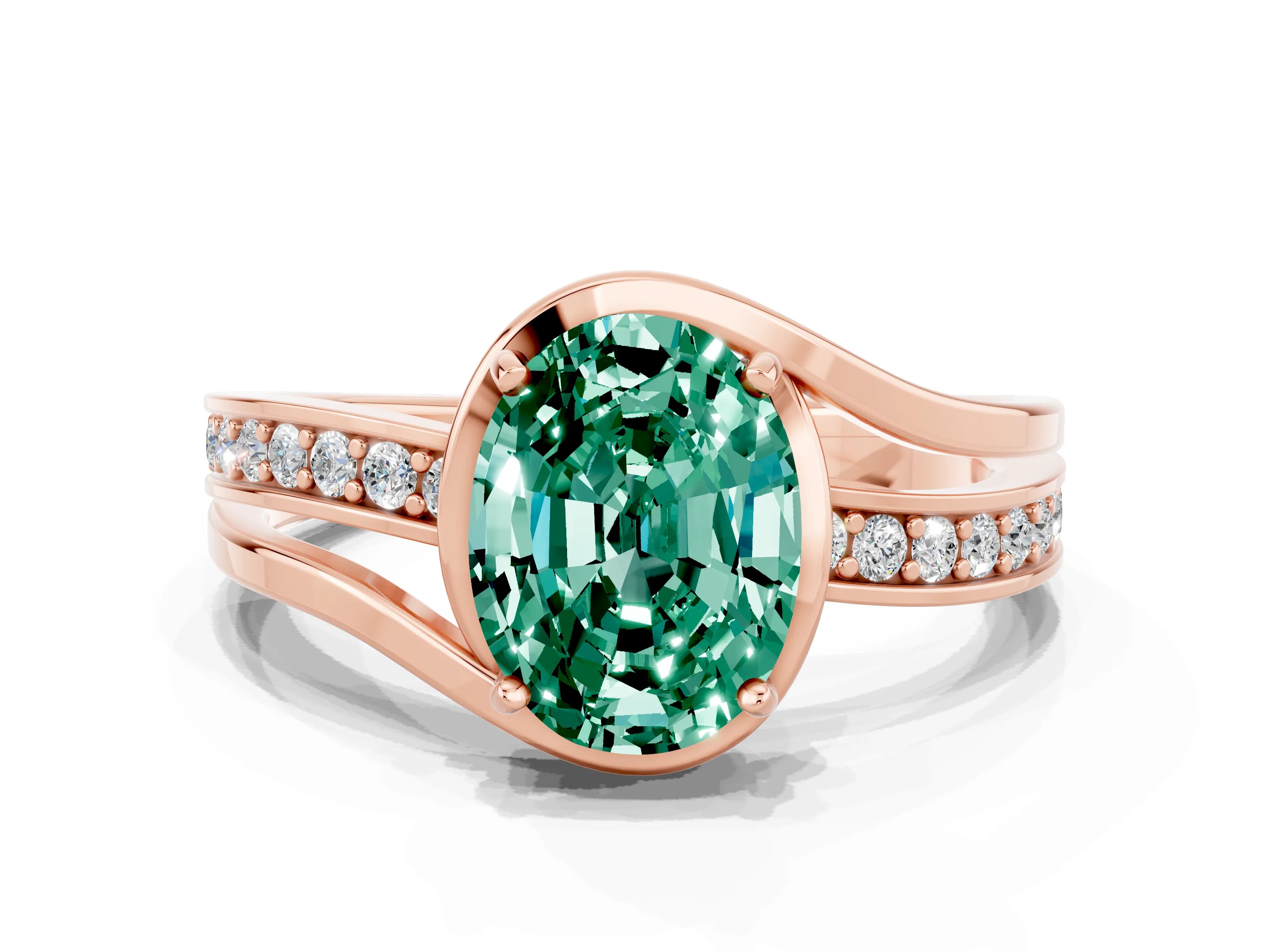 Rose gold Oval Cut Green Sapphire Solitaire Ring with Split Shank and Prong Setting