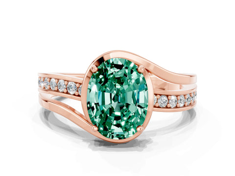 Rose gold Oval Cut Green Sapphire Solitaire Ring with Split Shank and Prong Setting