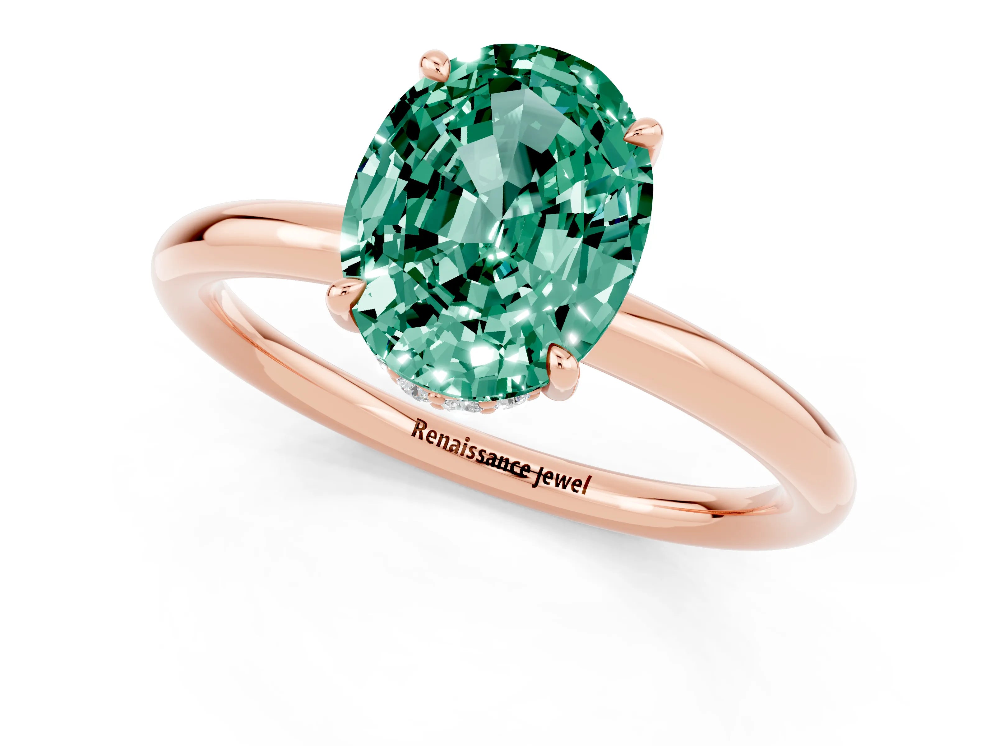 Rose gold Oval Cut Green Sapphire Solitaire Ring with Thin Band and Four-Prong Setting_13