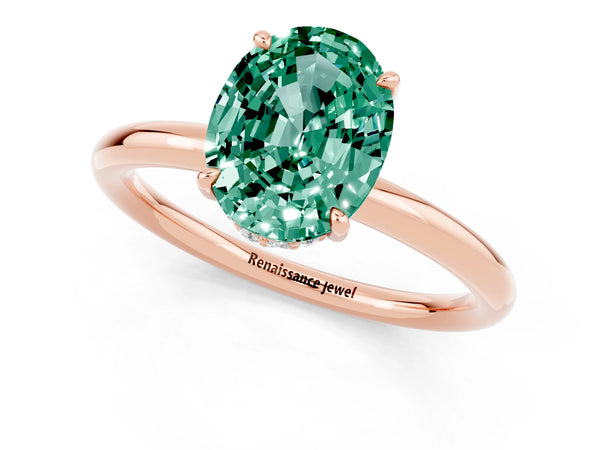 Rose gold Oval Cut Green Sapphire Solitaire Ring with Thin Band and Four-Prong Setting