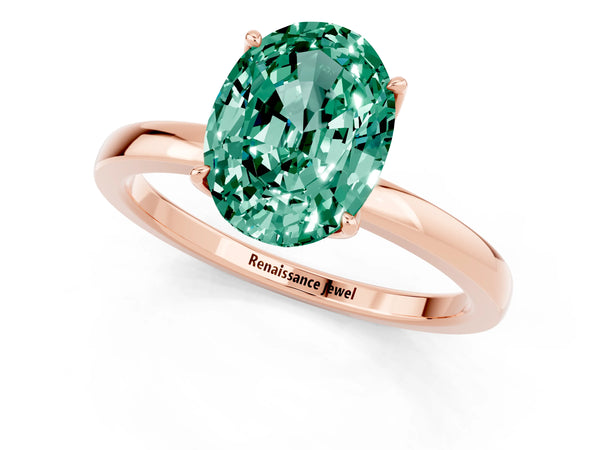 Rose gold Oval Cut Green Sapphire Solitaire Ring with Thin Band and Prong Setting