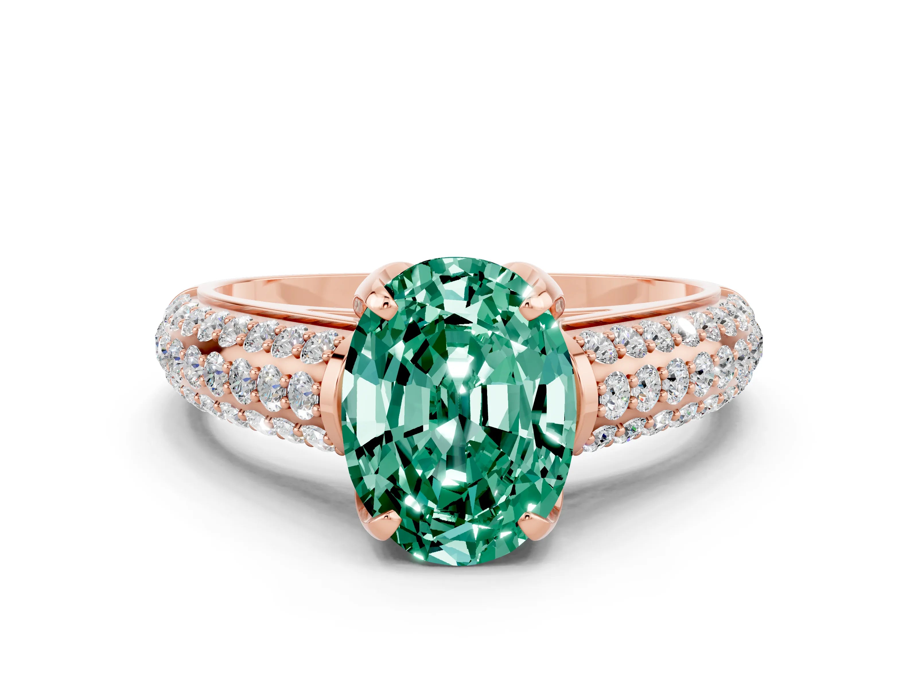Rose gold Oval Cut Green Sapphire Solitaire Ring with Three-Row Pavé Band and Four-Prong Setting_12