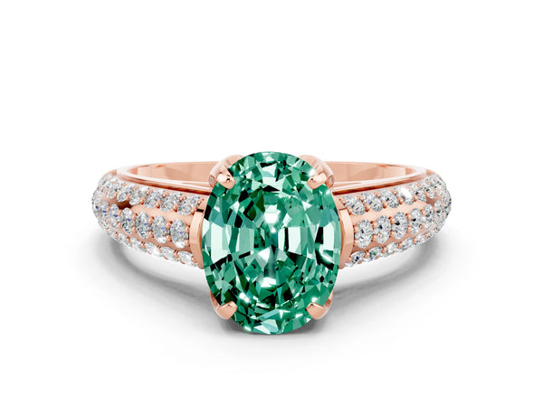 Rose gold Oval Cut Green Sapphire Solitaire Ring with Three-Row Pavé Band and Four-Prong Setting