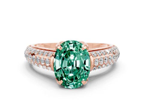 Rose gold Oval Cut Green Sapphire Solitaire Ring with Three-Row Pavé Band and Four-Prong Setting_12