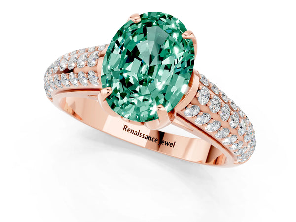 Rose gold Oval Cut Green Sapphire Solitaire Ring with Three-Row Pavé Band and Four-Prong Setting