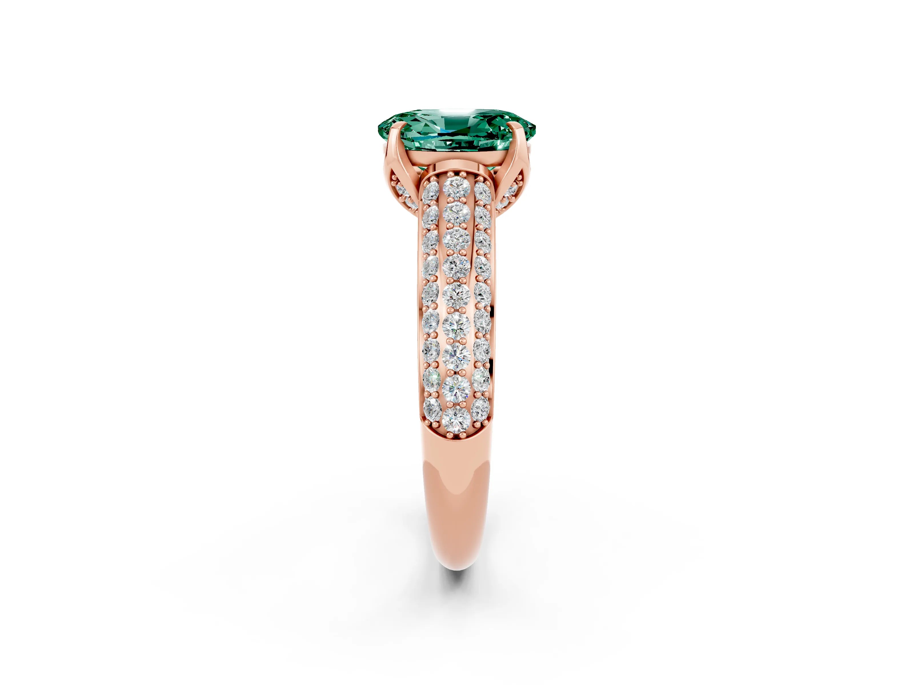 Rose gold Oval Cut Green Sapphire Solitaire Ring with Three-Row Pavé Band and Four-Prong Setting_14