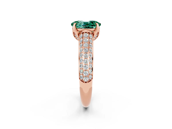 Rose gold Oval Cut Green Sapphire Solitaire Ring with Three-Row Pavé Band and Four-Prong Setting