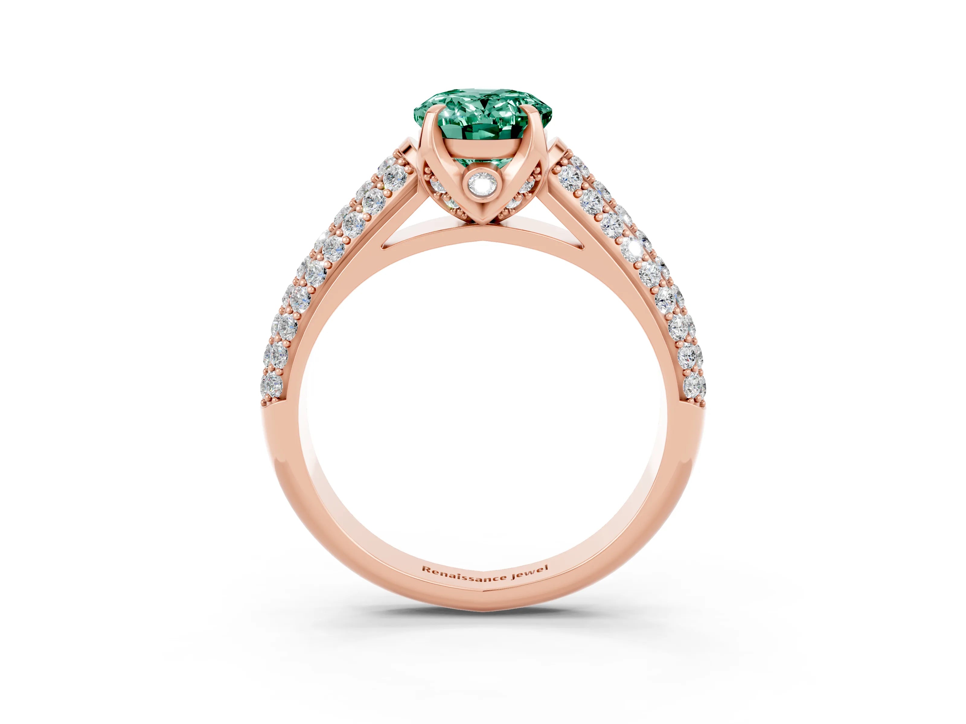 Rose gold Oval Cut Green Sapphire Solitaire Ring with Three-Row Pavé Band and Four-Prong Setting_15