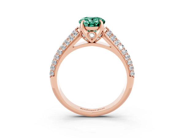 Rose gold Oval Cut Green Sapphire Solitaire Ring with Three-Row Pavé Band and Four-Prong Setting