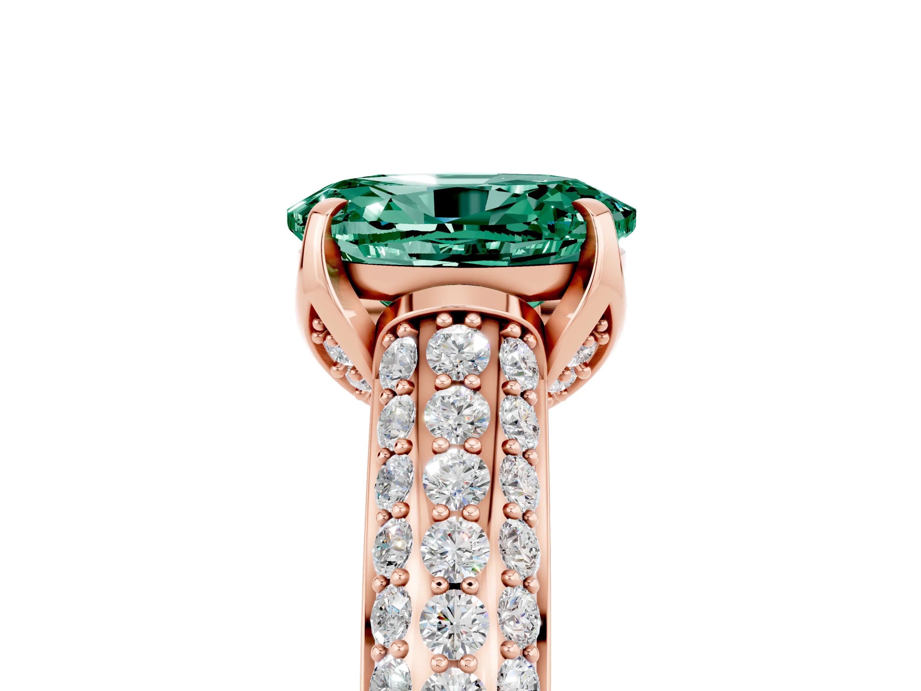 Rose gold Oval Cut Green Sapphire Solitaire Ring with Three-Row Pavé Band and Four-Prong Setting_17
