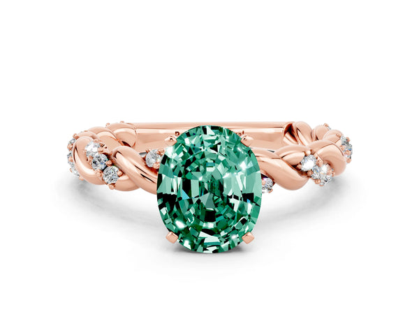 Rose gold Oval Cut Green Sapphire Solitaire Ring with Twisted Band and Pavé Accents