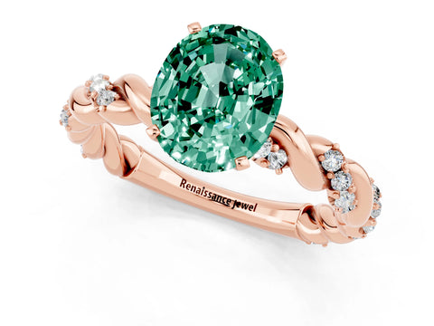 Rose gold Oval Cut Green Sapphire Solitaire Ring with Twisted Band and Pavé Accents_1