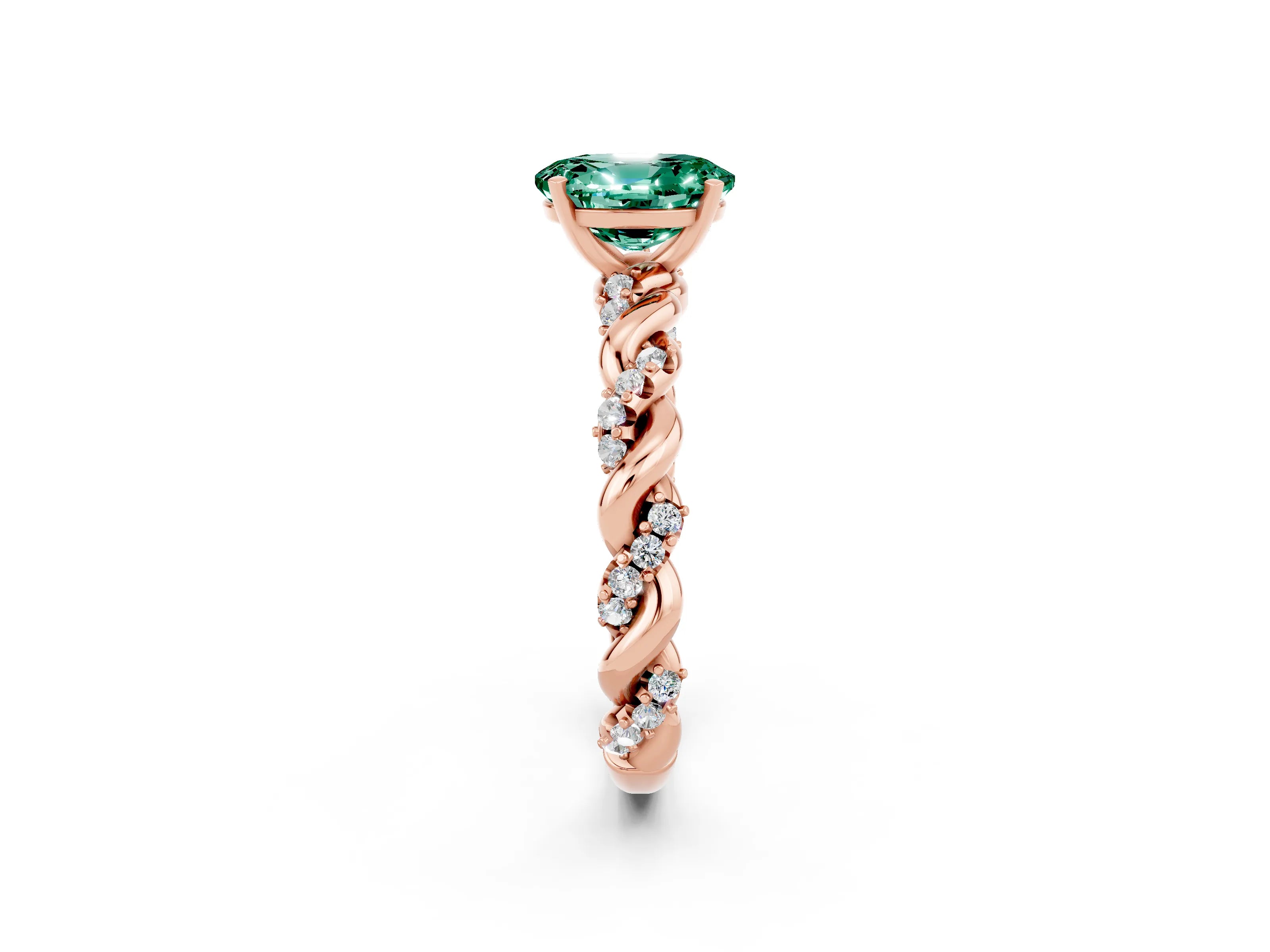 Rose gold Oval Cut Green Sapphire Solitaire Ring with Twisted Band and Pavé Accents_2