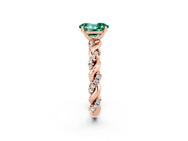 Rose gold Oval Cut Green Sapphire Solitaire Ring with Twisted Band and Pavé Accents