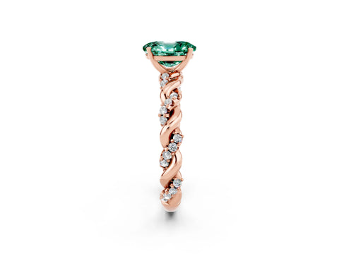 Rose gold Oval Cut Green Sapphire Solitaire Ring with Twisted Band and Pavé Accents_2