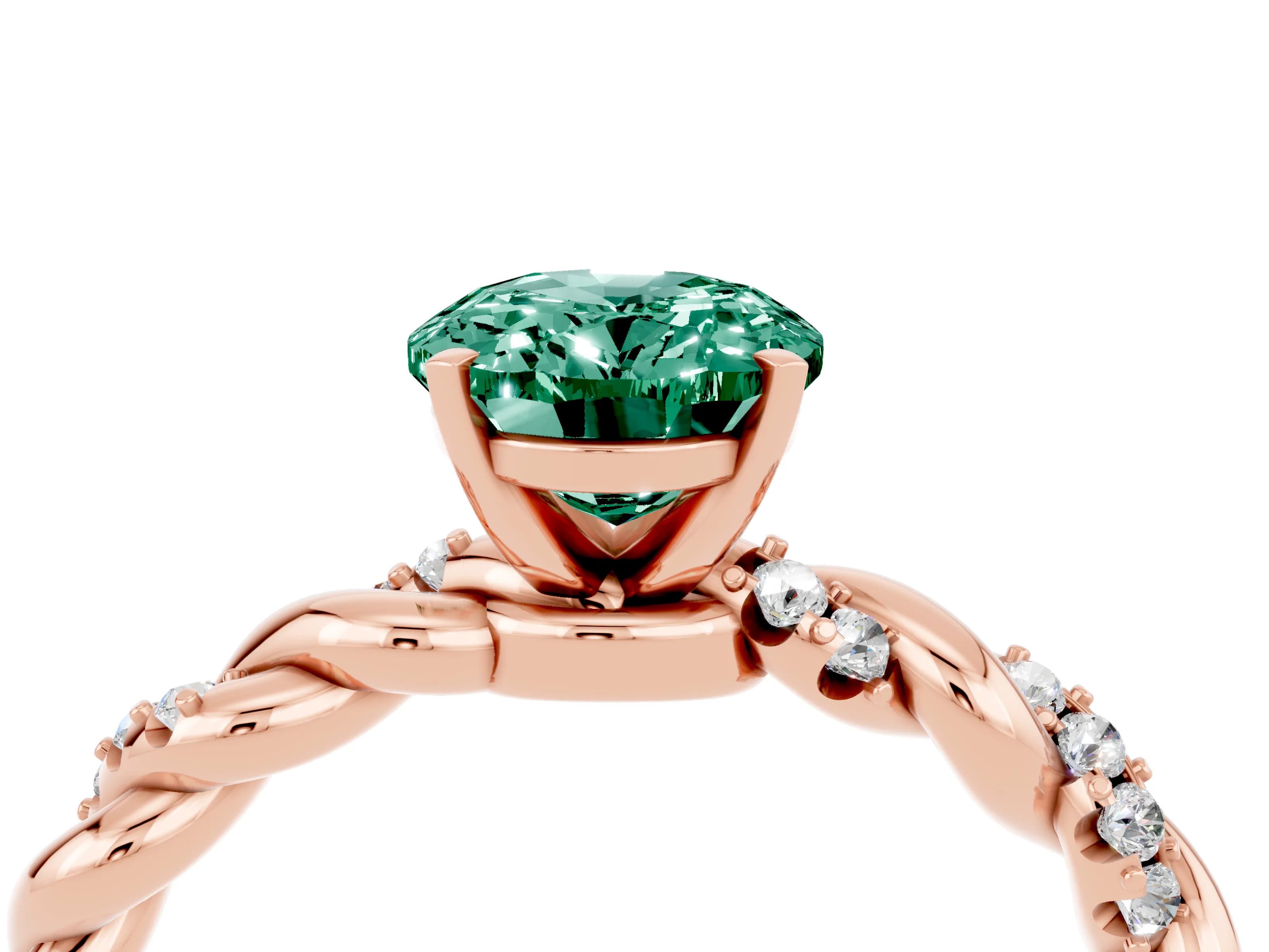 Rose gold Oval Cut Green Sapphire Solitaire Ring with Twisted Band and Pavé Accents_4