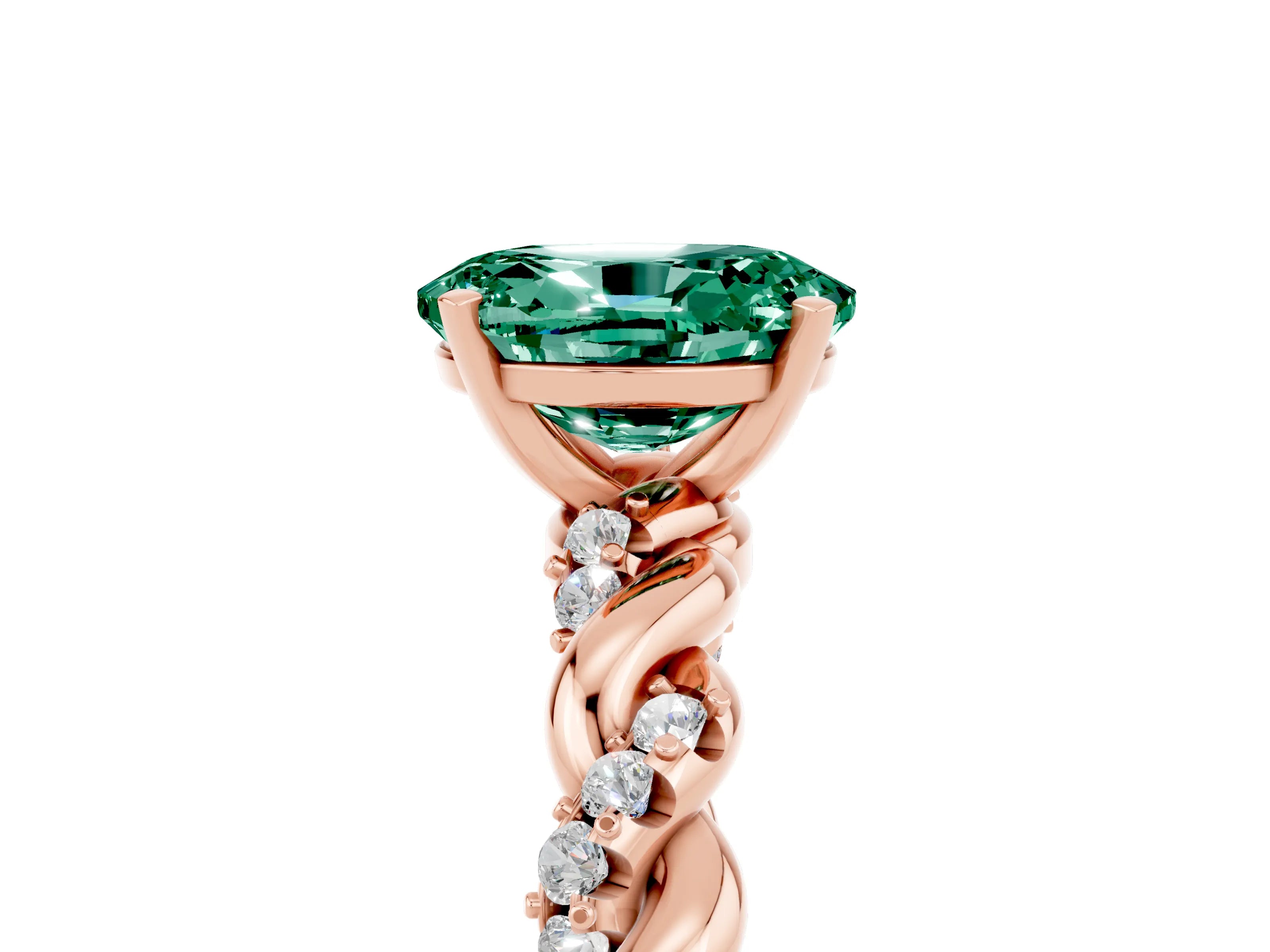 Rose gold Oval Cut Green Sapphire Solitaire Ring with Twisted Band and Pavé Accents_5