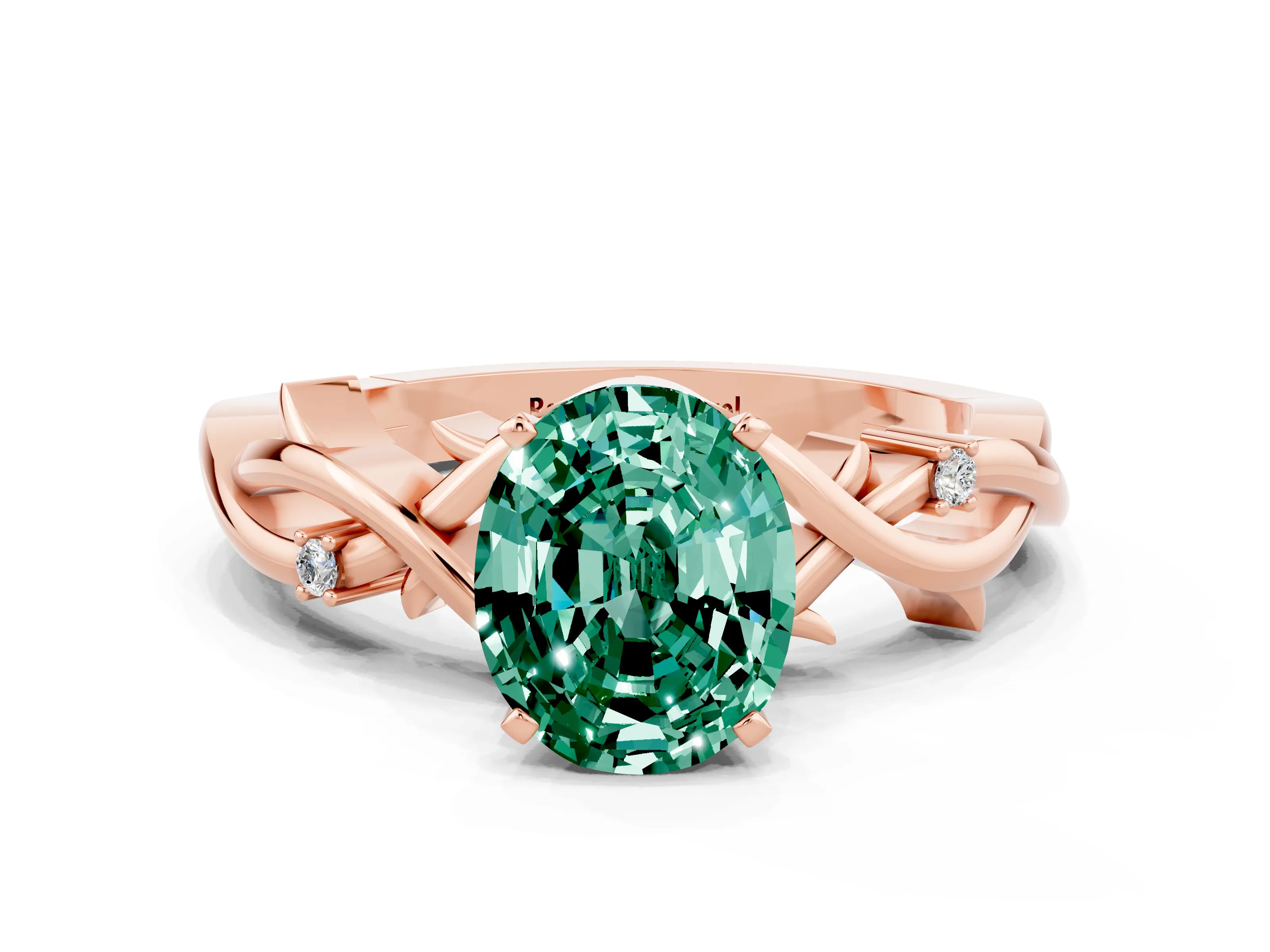 Rose gold Oval Cut Green Sapphire Solitaire Ring with Twisted Band and Prong Setting