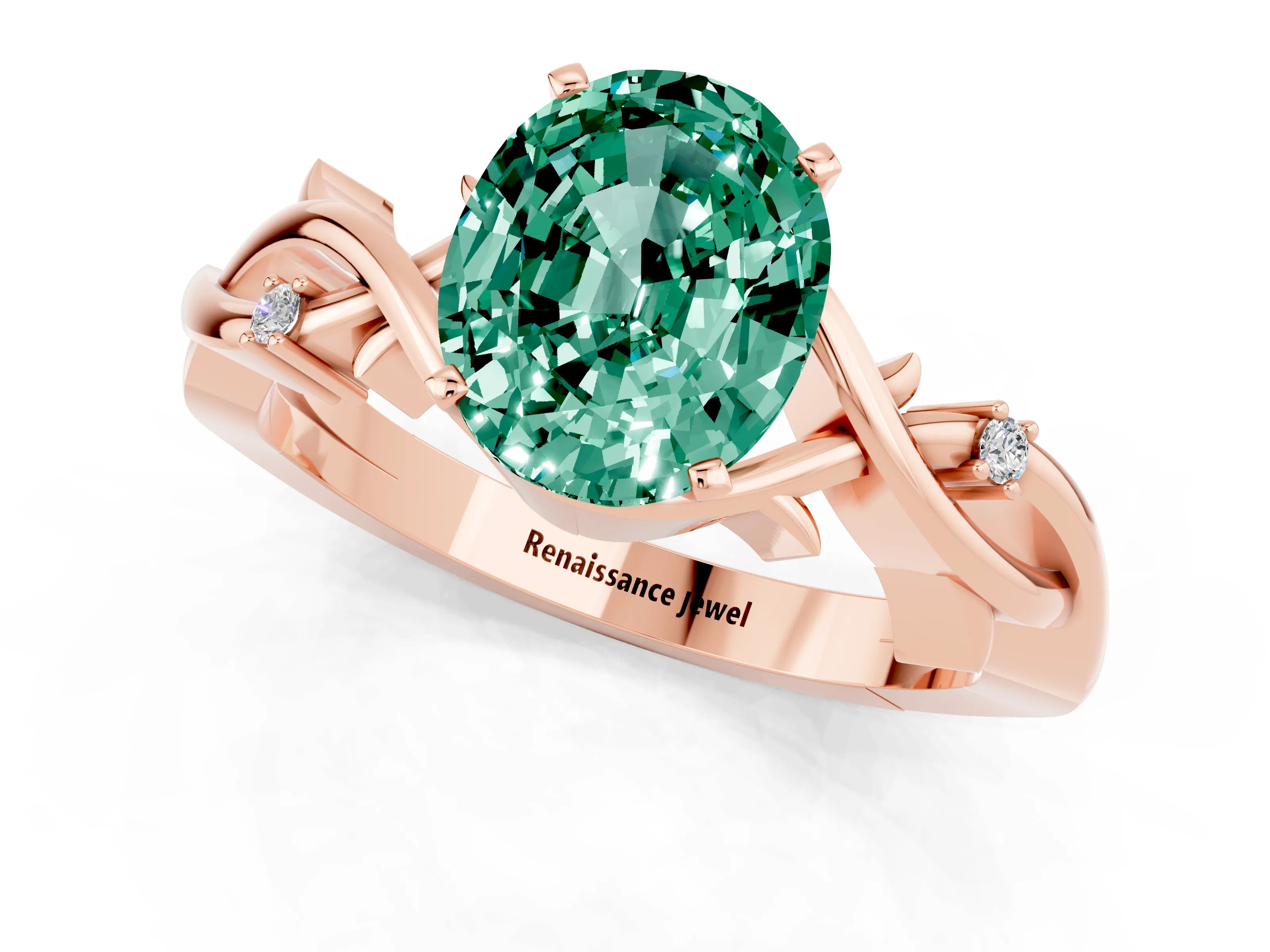 Rose gold Oval Cut Green Sapphire Solitaire Ring with Twisted Band and Prong Setting_1
